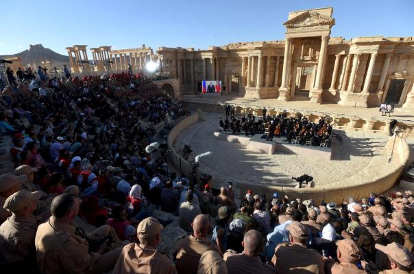 TOPSHOT - Russian conductor Valery Gergiev leads a concert in the amphitheatre of the ancient city of Palmyra on May 5, 2016. / AFP PHOTO / VASILY MAXIMOVVASILY MAXIMOV/AFP/Getty Images